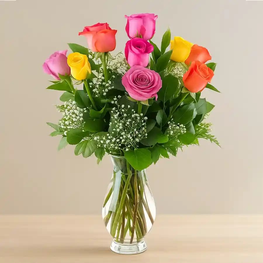Multicolored Roses in a Glass Vase