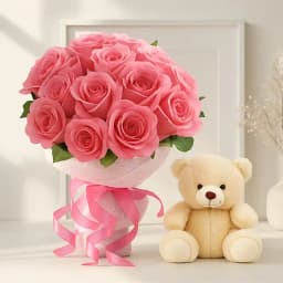 Pink Roses Bouquet with Cute Teddy 1