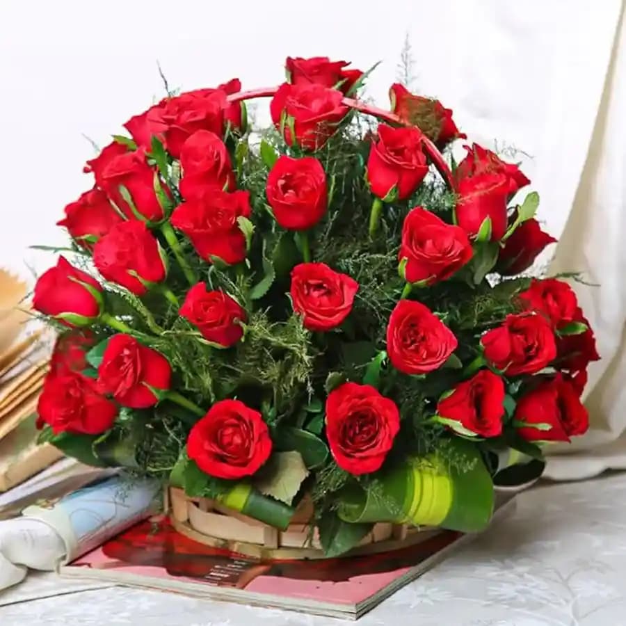 Expressive Red Roses with Fillers in Basket