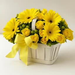 Blushing Yellow Roses N Gerberas Basket 1