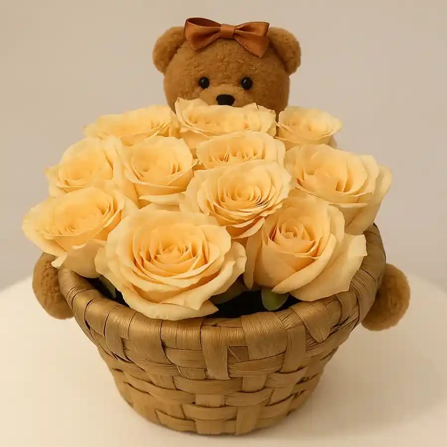 Charming Teddy Bear with Bright Orange Roses