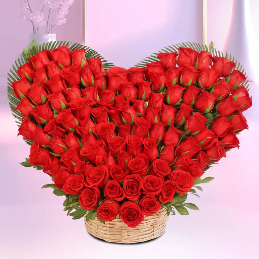 Arresting Heart Shape Arrangement of 100 Red Roses