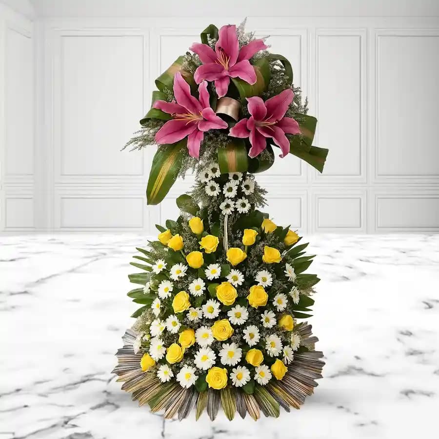 2 Tier Arrangement of Lilies Roses N Chrysanthemum