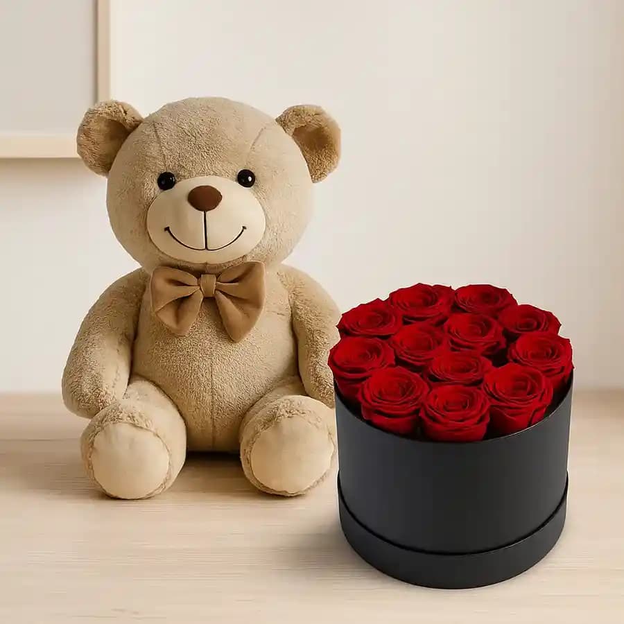 Exquisite Red Roses in Black Hat Box with Cute Teddy