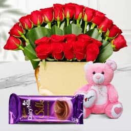 Premium Box Arrangement of Red Roses with Teddy n Chocolate 1