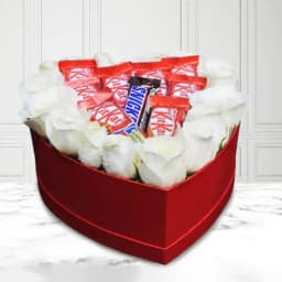 Breathtaking Display of White Roses N Chocolate in Heart Box 1