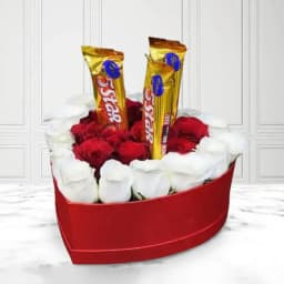 Beautiful Composition of Roses N Chocolates in Heart Box 1