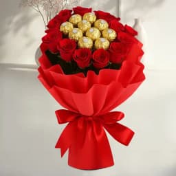 Beautiful Bouquet of Red Roses N Ferrero Rocher with Tissue Wrapping 1