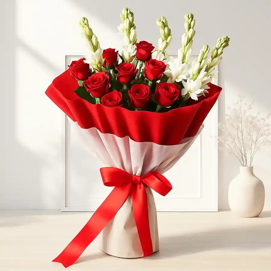 Classic Congratulations Bouquet of Red Roses n White Tuberose with Tissue Wrapping
