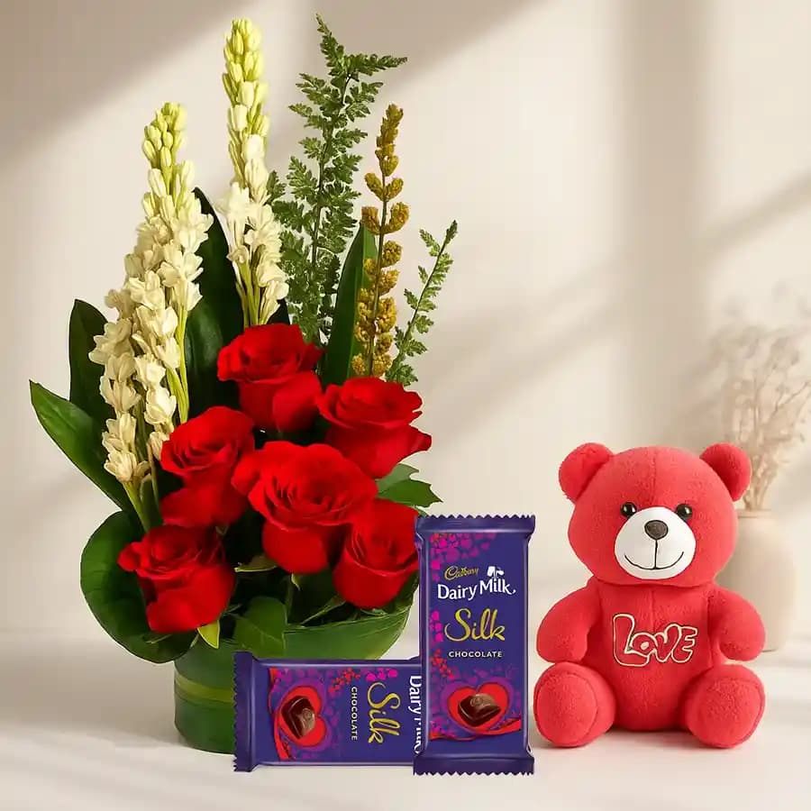 Glorious Combo of Fresh Flowers with Teddy n Cadbury Chocolates