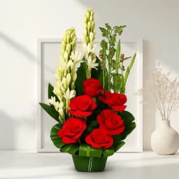 Blushing Arrangement of Red Roses n White Tube Roses 1