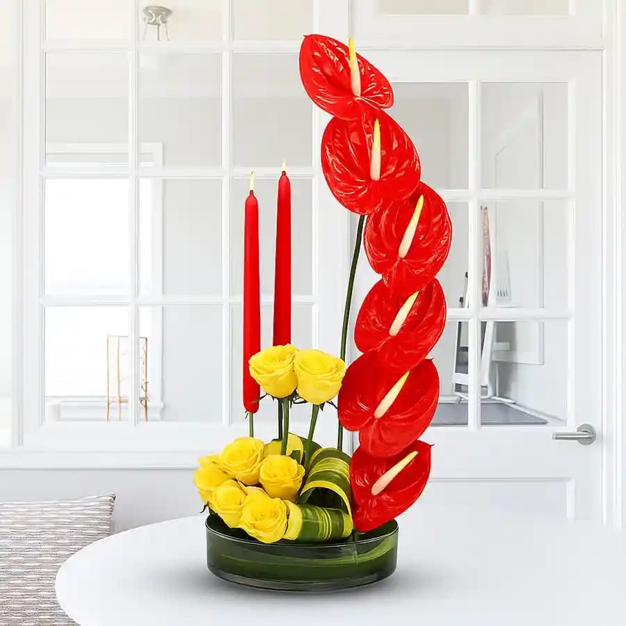 Designer Anthodium n Roses Arrangement with Candles