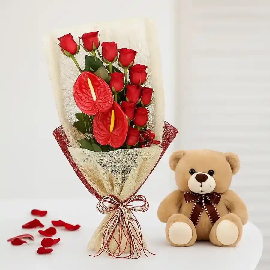 Marvelous Bouquet of Red Roses n Anthurium with Teddy