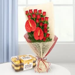 Lovely Bouquet of Red Roses n Anthurium with Ferrero Rocher 1