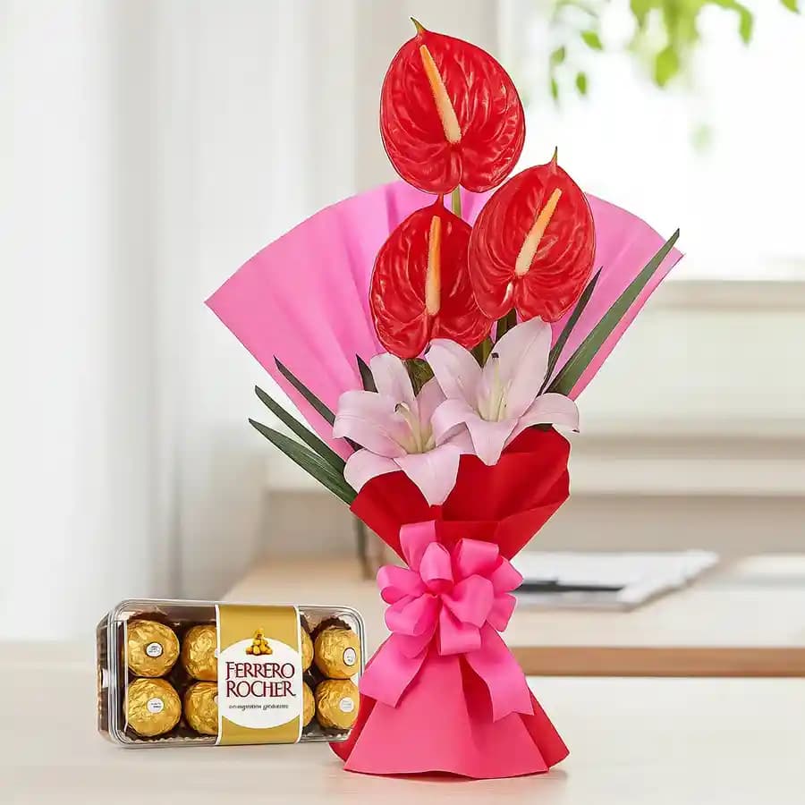 Classy Bouquet of Red Anthurium n Pink Lilies with Ferrero Rocher