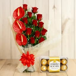 Striking Combo of Red Flowers Bouquet with Ferrero Rocher 1