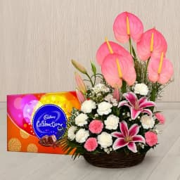 Exclusive White N Pink Flowers Arrangement with Chocolates 1