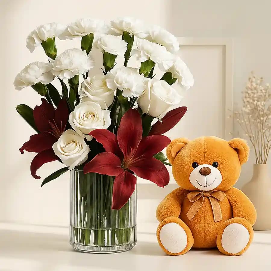 Artistic Flowers Display in Glass Vase with Cute Teddy