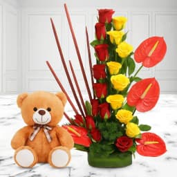 Lovely Anthodium N Roses Arrangement with Cute Teddy 1