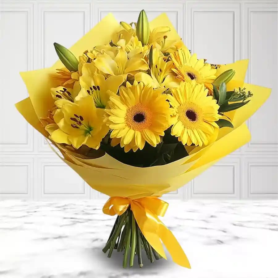 Bouquet of Yellow Gerberas N Lilies