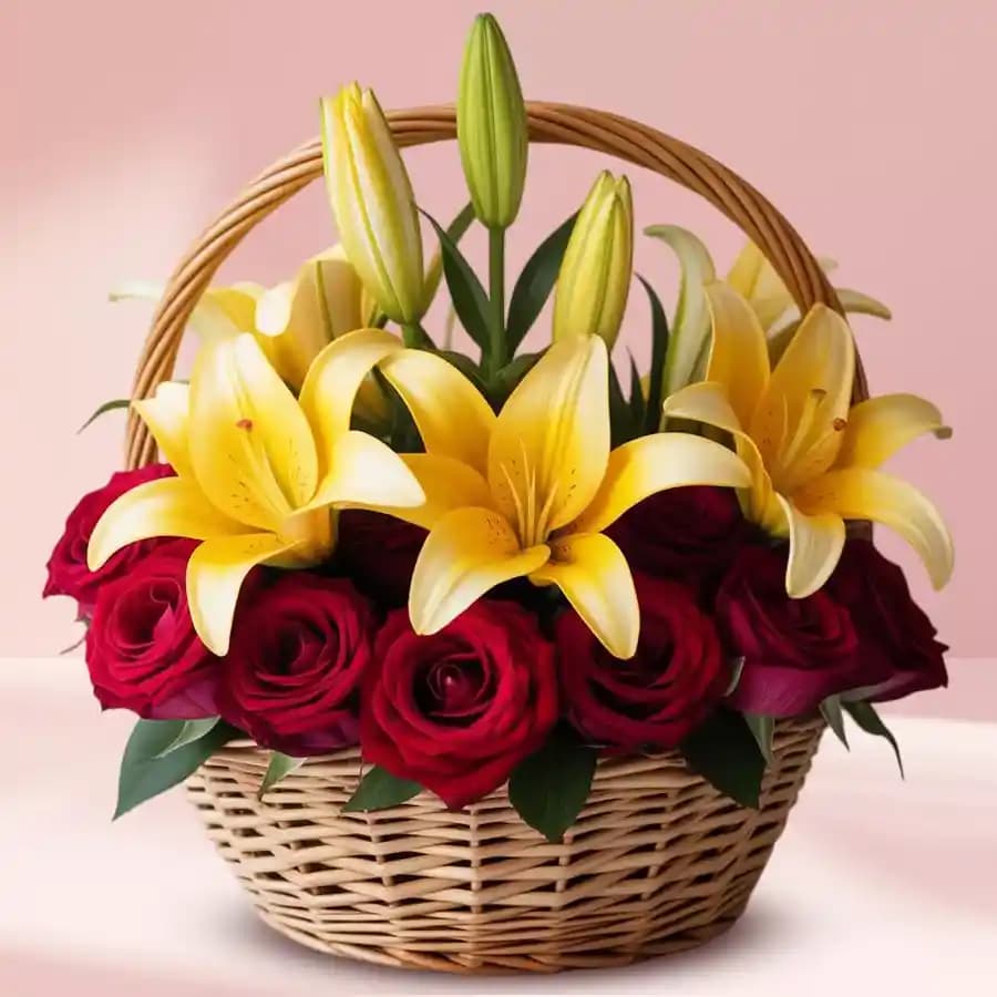 Basket Arrangement of Lilies N Roses
