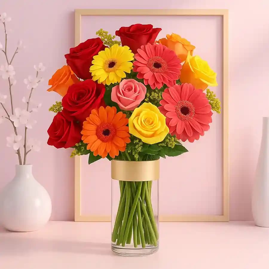 Long Stem Mixed Flowers in Glass Vase