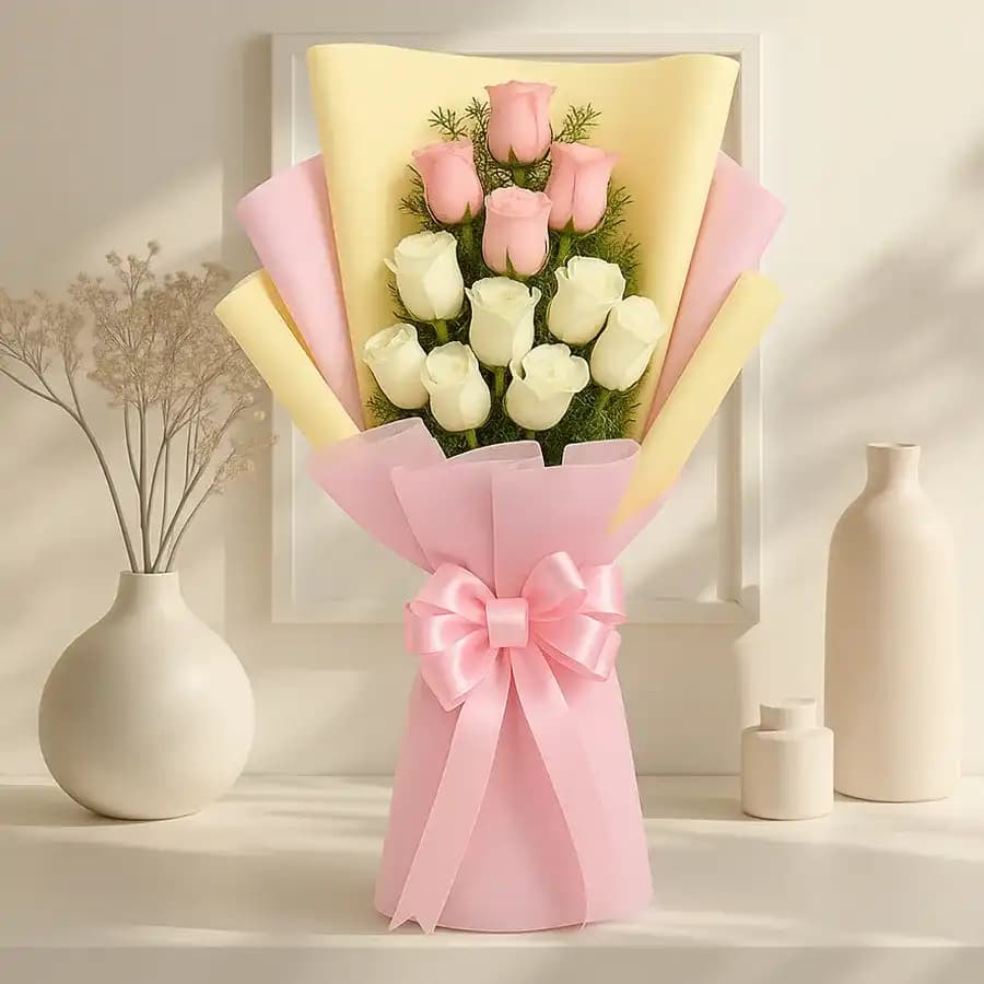 Appealing Pink N White Roses Bouquet