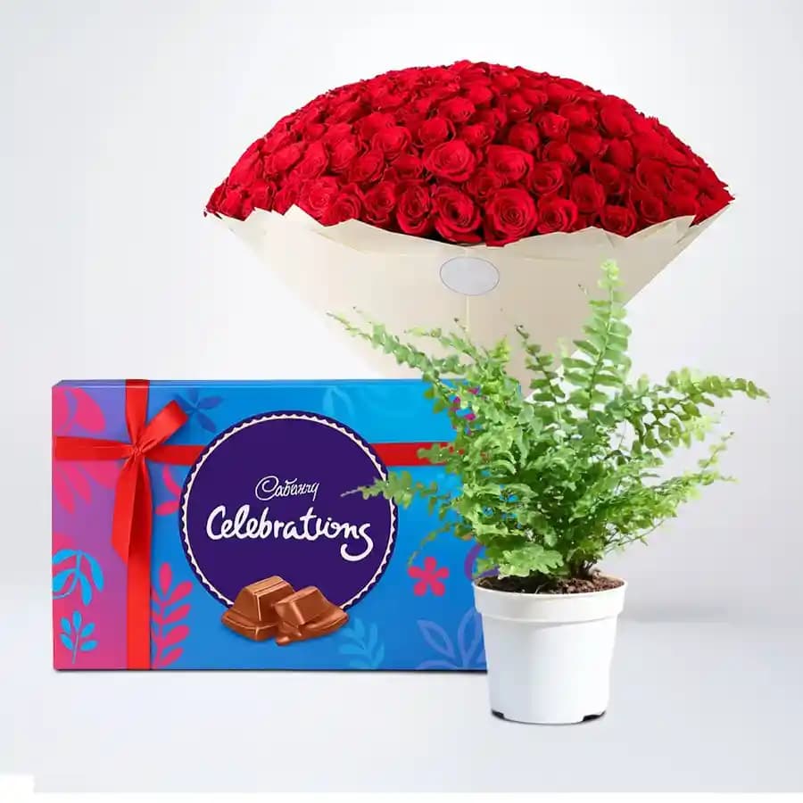 Enchanting Roses with Lush Fern and Sweet Treats