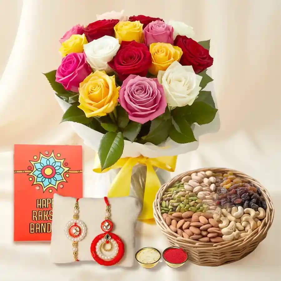 Delightful Rakhi Gift Set with Roses & Gourmet Nuts