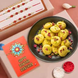 Elegant Rudraksha Rakhi Set with Traditional Sweets 1