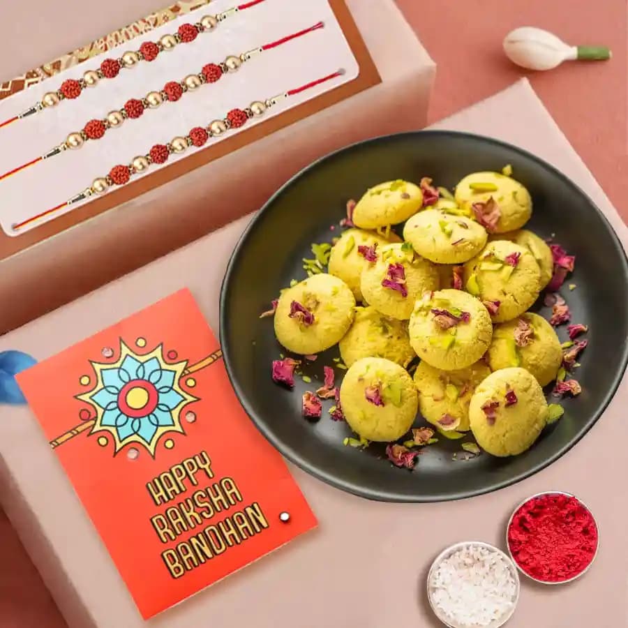 Elegant Rudraksha Rakhi Set with Traditional Sweets