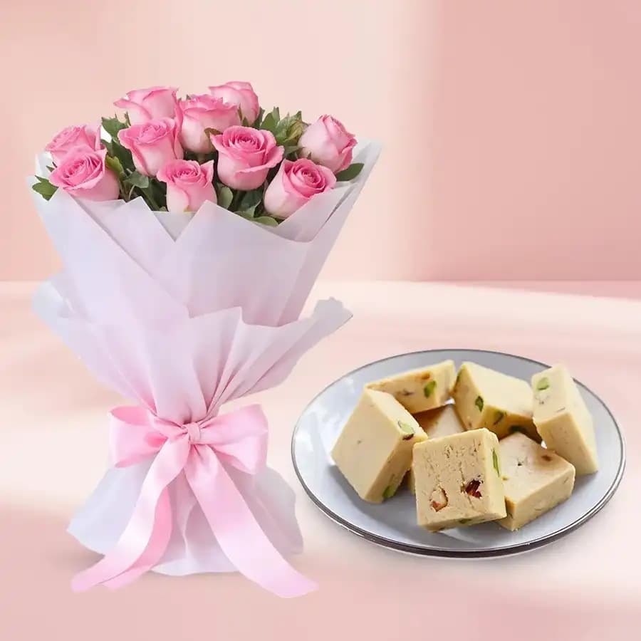 Badam Mewa from Chitale Bandhu Mithaiwale with Pink Rose Bouquet