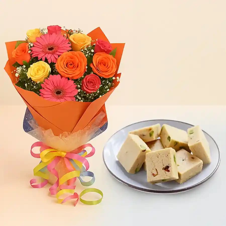 Badam Mewa from Chitale Bandhu Mithaiwale with Seasonal Flower Bouquet