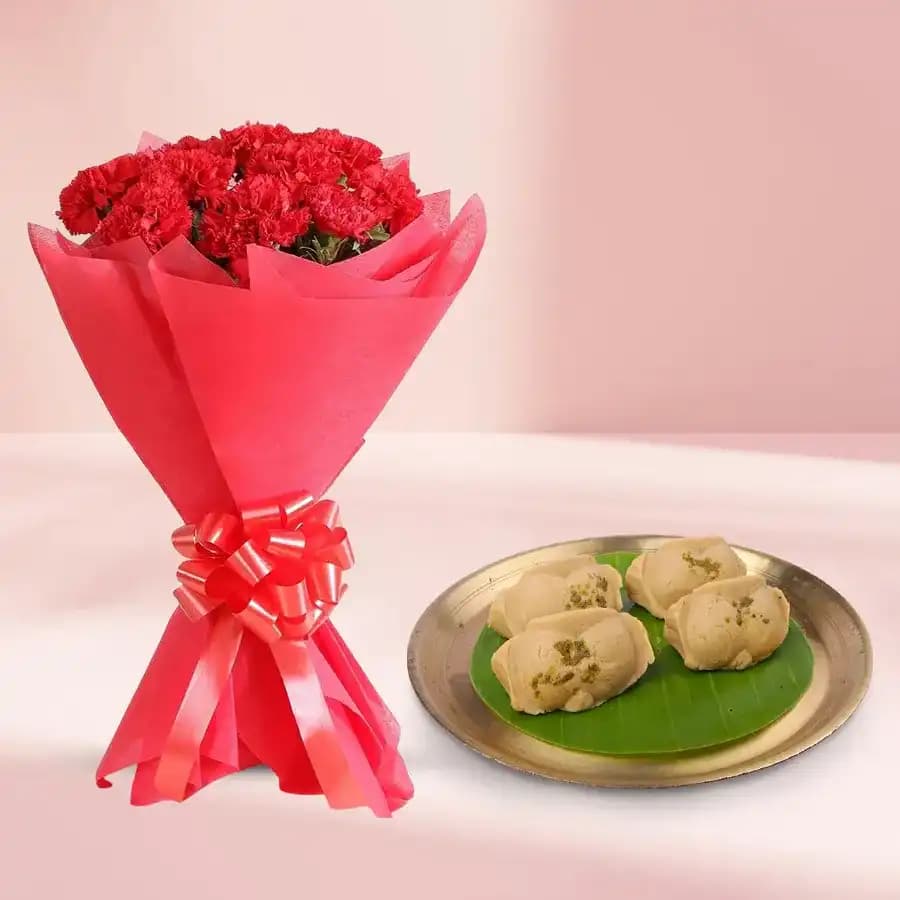 Jolbhora Sandesh from Balaram Mullick with Red Carnation Bouquet