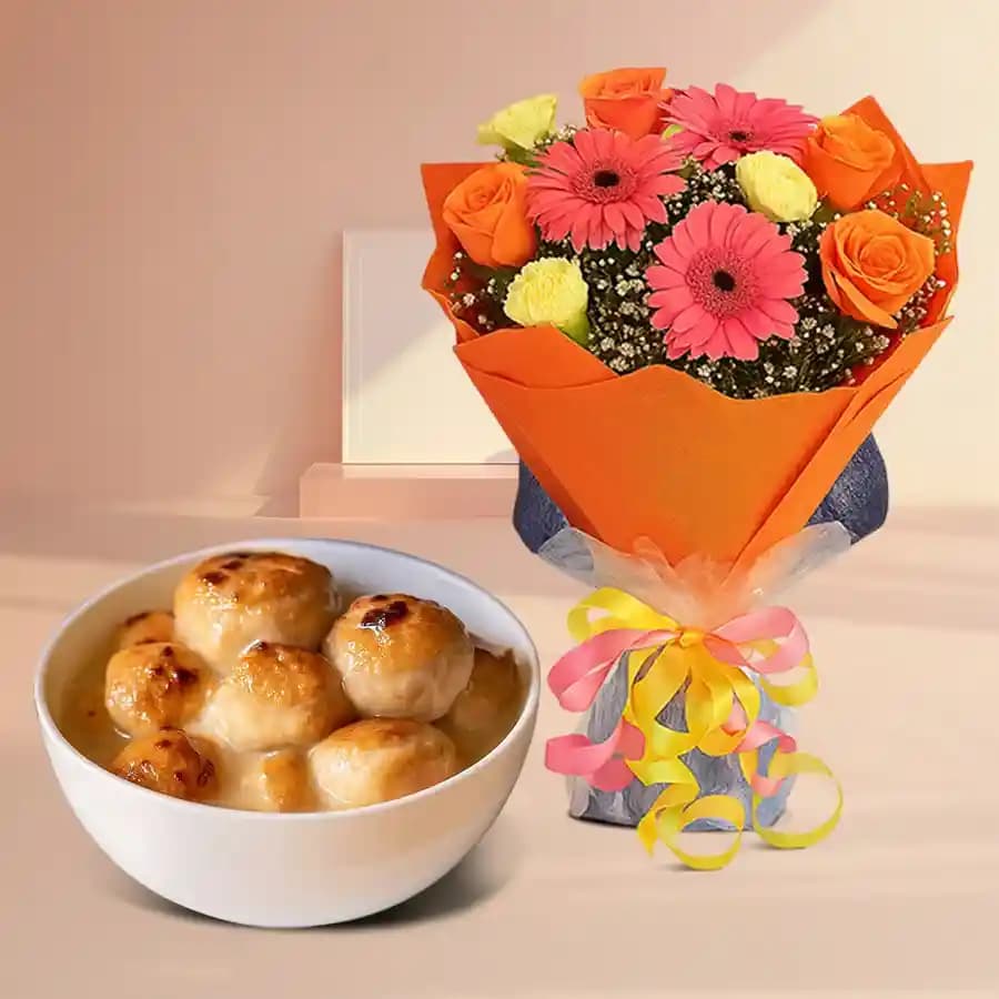 Baked Rasgulla from Balaram Mullick with Seasonal Flower Bouquet