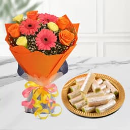 Amba Kaju Roll from Chitale Bandhu Mithaiwale with Seasonal Flower Bouquet 1