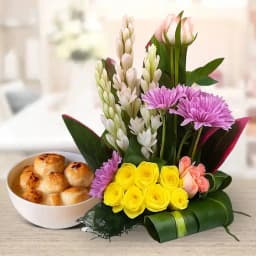 Baked Rasgulla from Balaram Mullick with Mixed Flower Arrangement 1