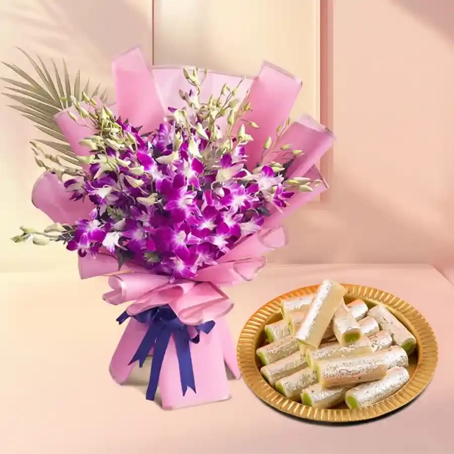 Amba Kaju Roll from Chitale Bandhu Mithaiwale with Orchid Bouquet