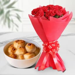 Baked Rasgulla from Balaram Mullick with Red Carnation Bouquet 1
