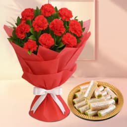 Amba Kaju Roll from Chitale Bandhu Mithaiwale with Red Carnation Tissue Wrapped Bouquet 1