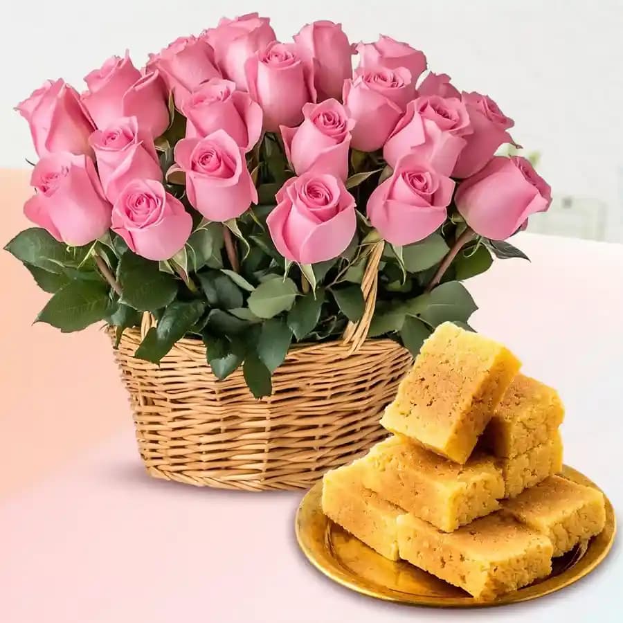 Pink Roses N Mysore Pak Elegance