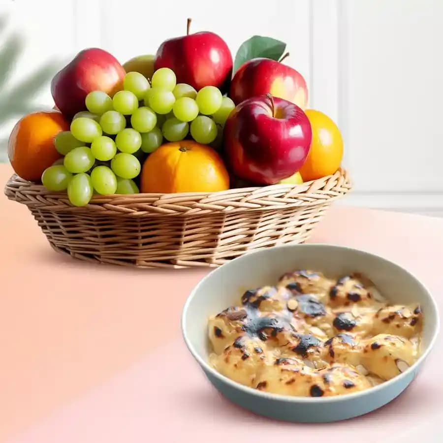 Baked Rasgulla from Balaram Mullick with Fresh Fruit Basket