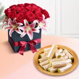 Amba Kaju Roll from Chitale Bandhu Mithaiwale with a Designer Flower Arrangement 1