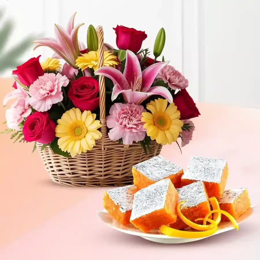 Orange Masti from Chitale Bandhu Mithaiwale with a Mixed Flower Arrangement