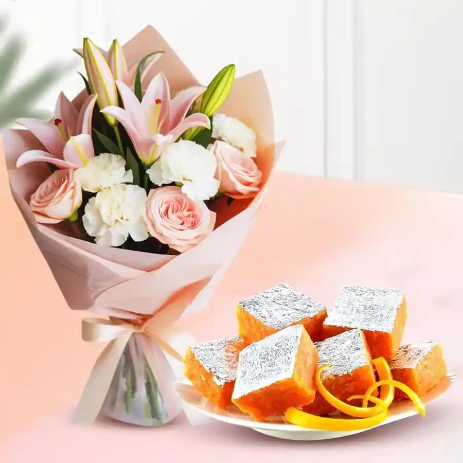 Orange Masti from Chitale Bandhu Mithaiwale with a Flowers Bouquet