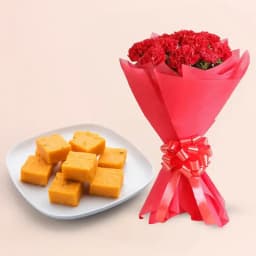 Orange Masti from Chitale Bandhu Mithaiwale with Red Carnation Tissue Wrapped Bouquet 1