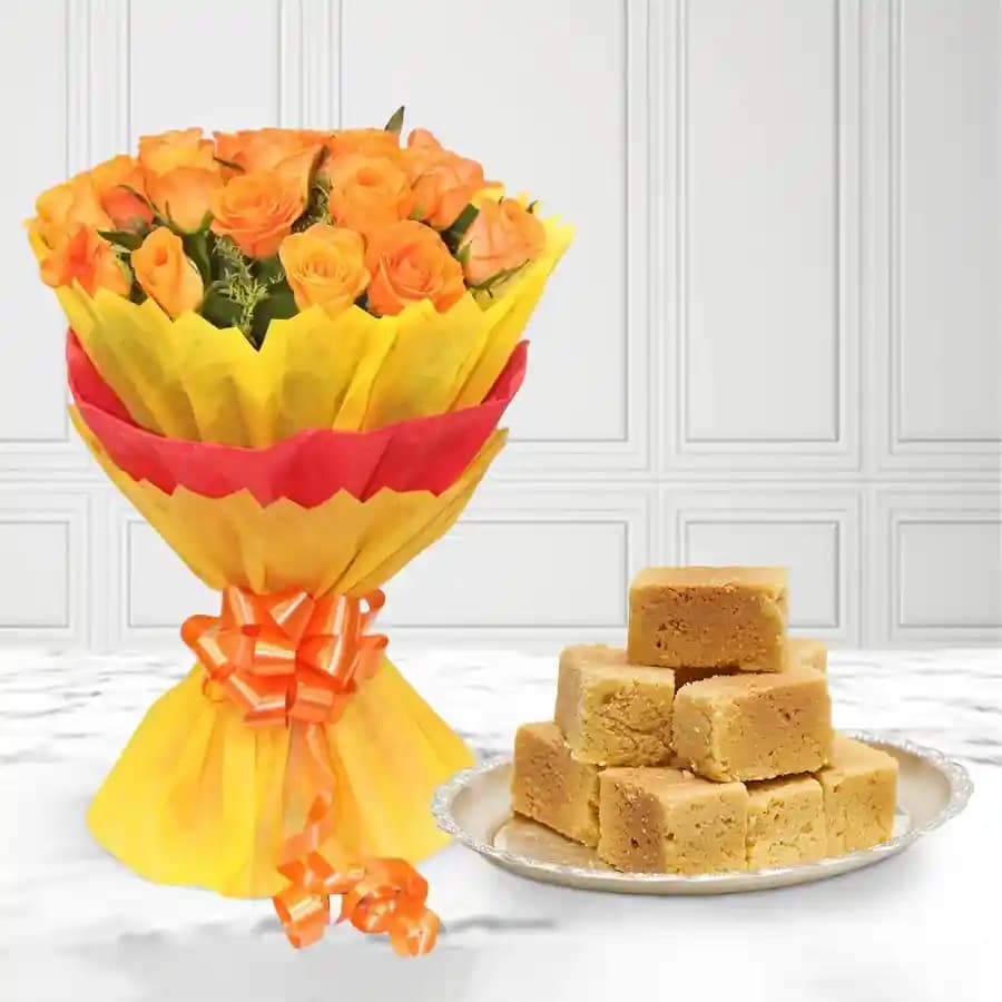 Orange Roses N Mysore Pak Treat