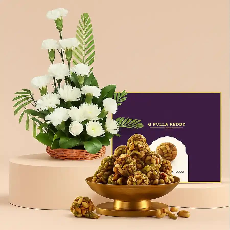 White Floral Elegance N Nutty Laddu Bliss