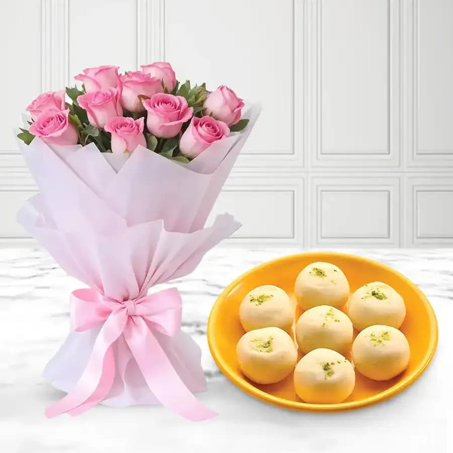 Jumbo Pedha from Chitale Bandhu Mithaiwale with Pink Rose Bouquet