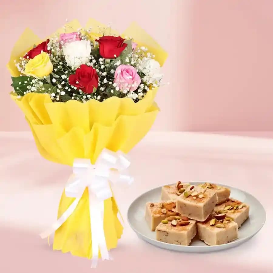 Mixed Roses N Kaju Barfi Delight